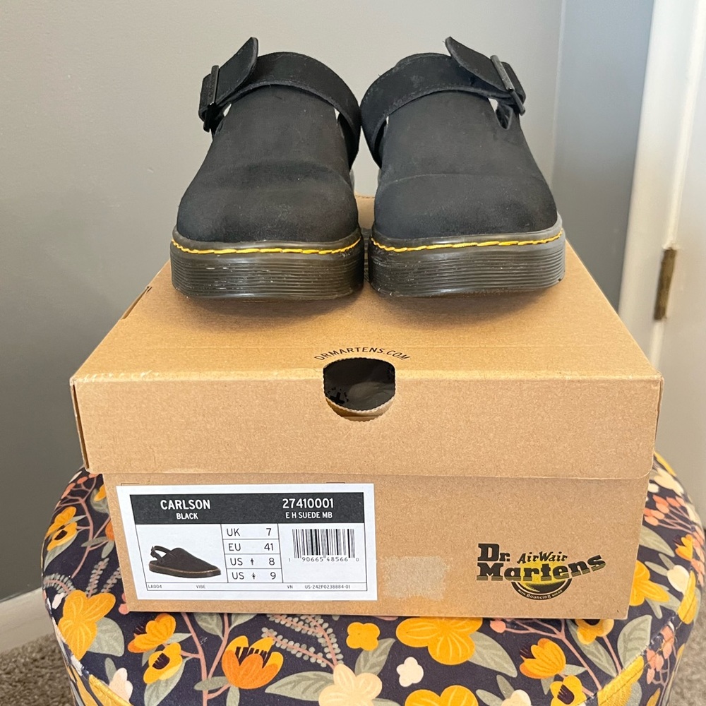 Dr. Martens Black Mules with Yellow Stitching